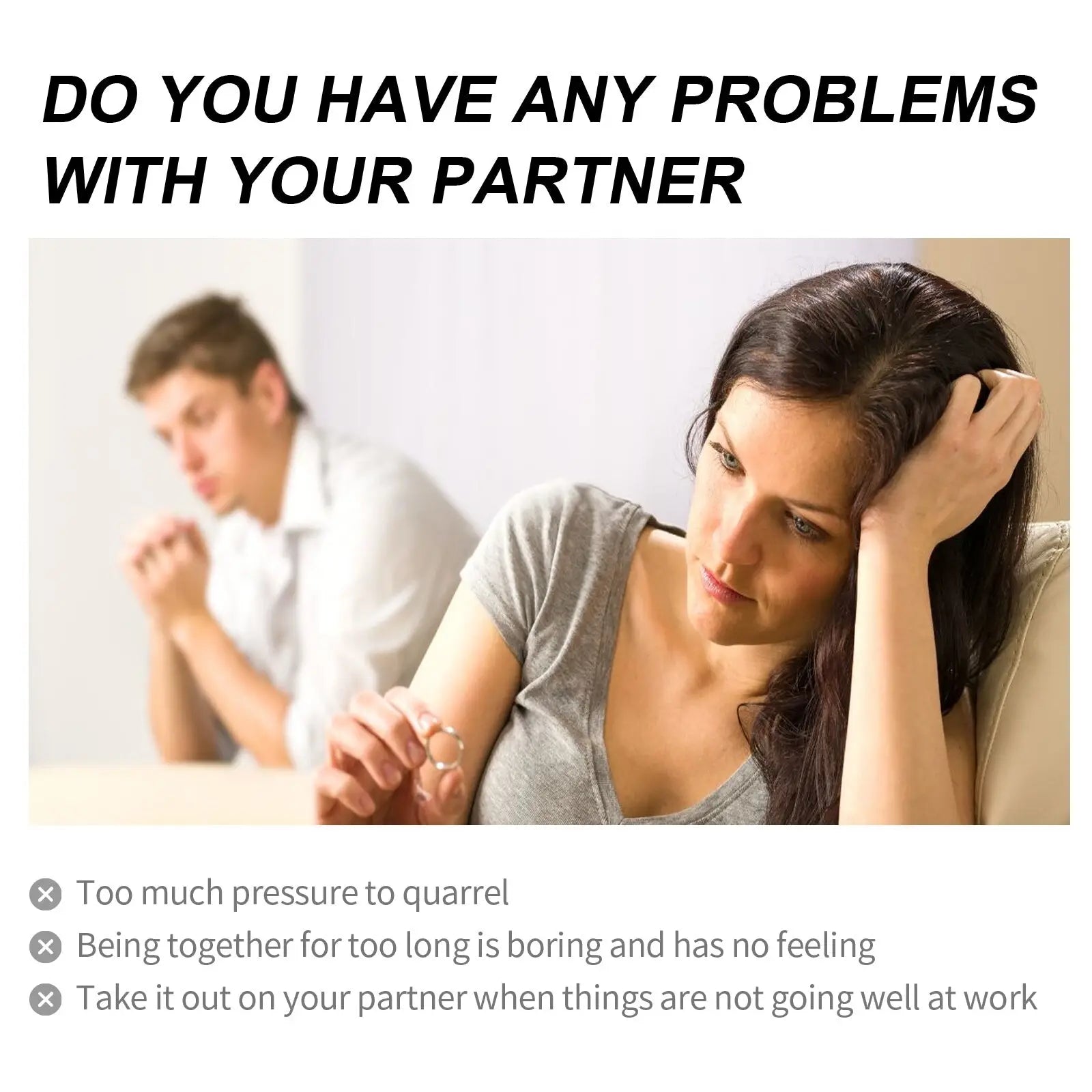 Woman with dark hair in gray top sitting and holding head in distress next to men’s delay spray for stamina 30ml
