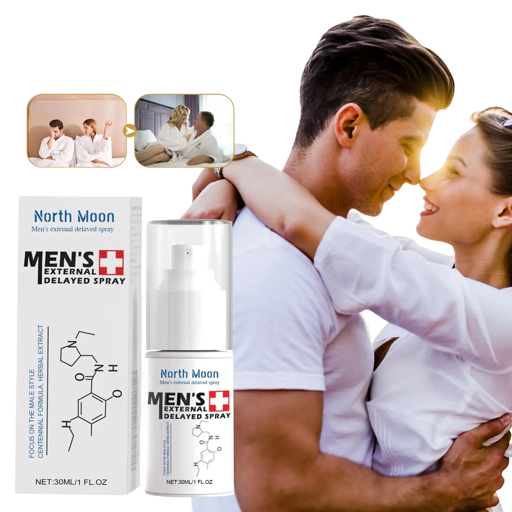 North moon men’s external delayed spray 30ml in clear cylindrical bottle with white cap and red cross logo for stamina