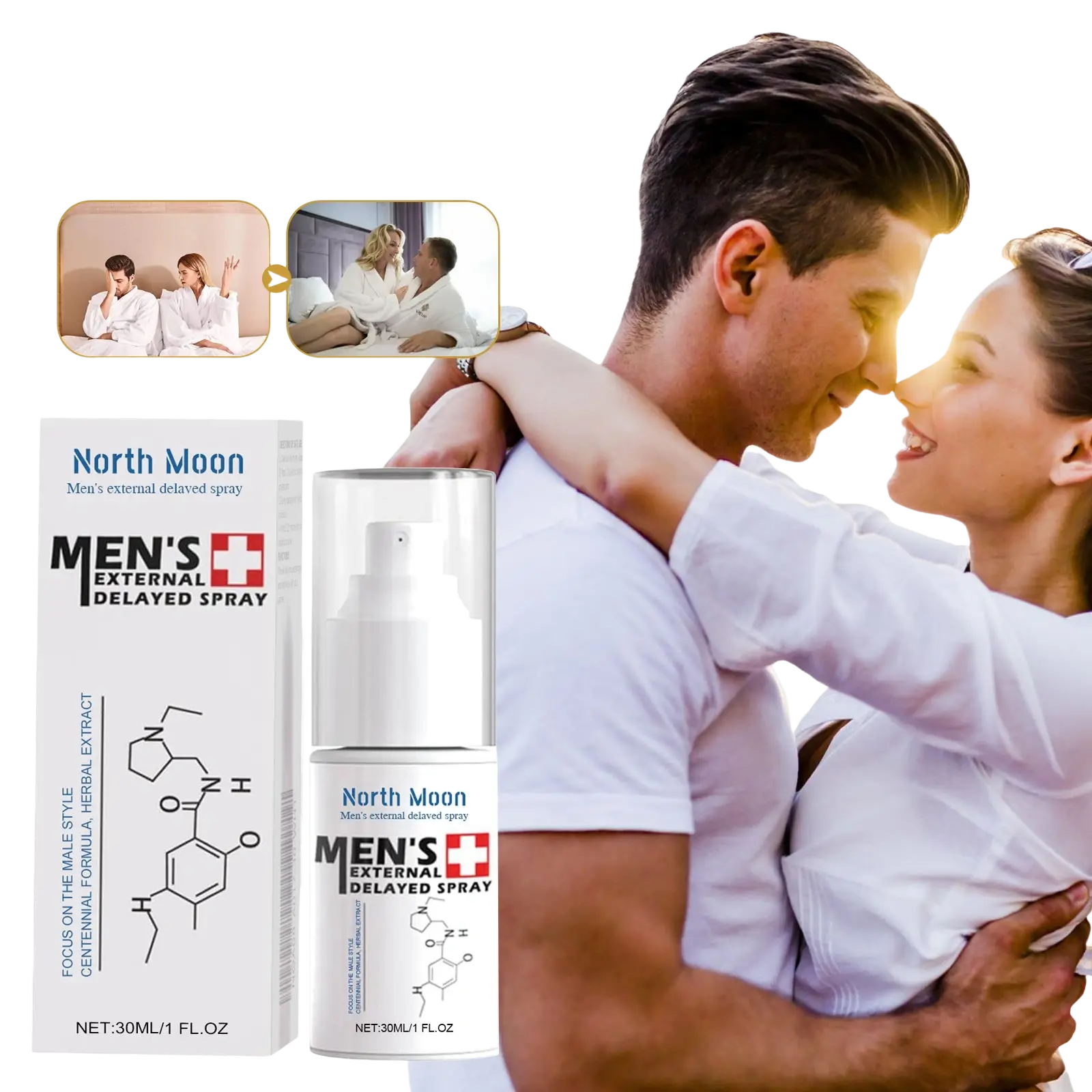 North moon men’s external delayed spray 30ml in clear cylindrical bottle with white cap and red cross logo for stamina