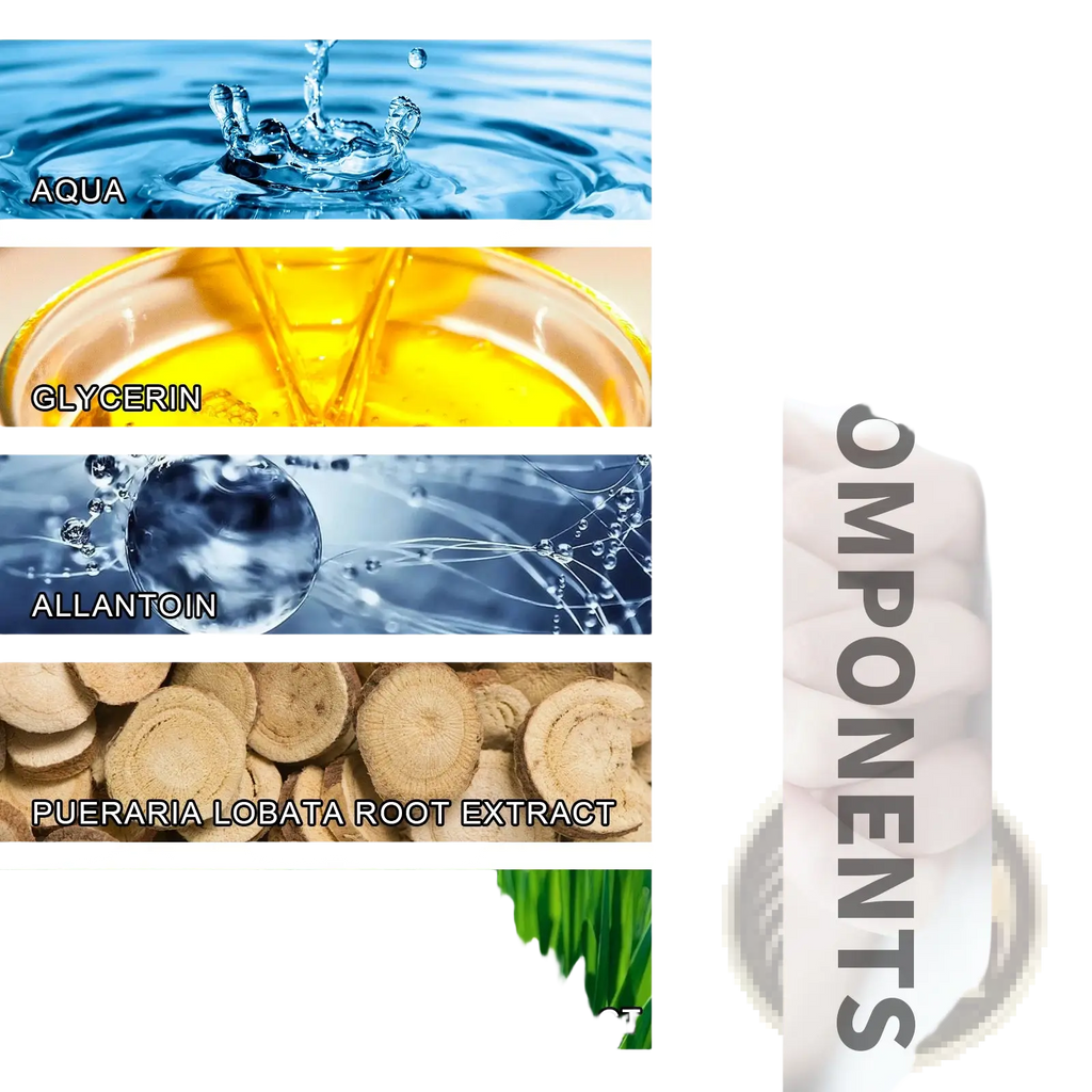 The image shows a vertical collage of aqua glycerin and allantoin ingredients in a mens delay spray for stamina and sensitivity 30ml