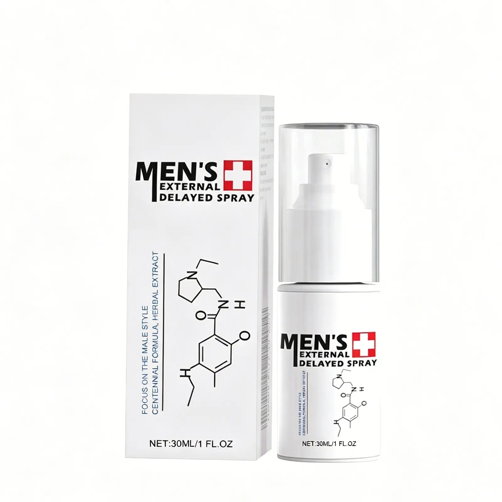 White men’s delay spray bottle with clear pump and matching box for stamina and sensitivity 30ml