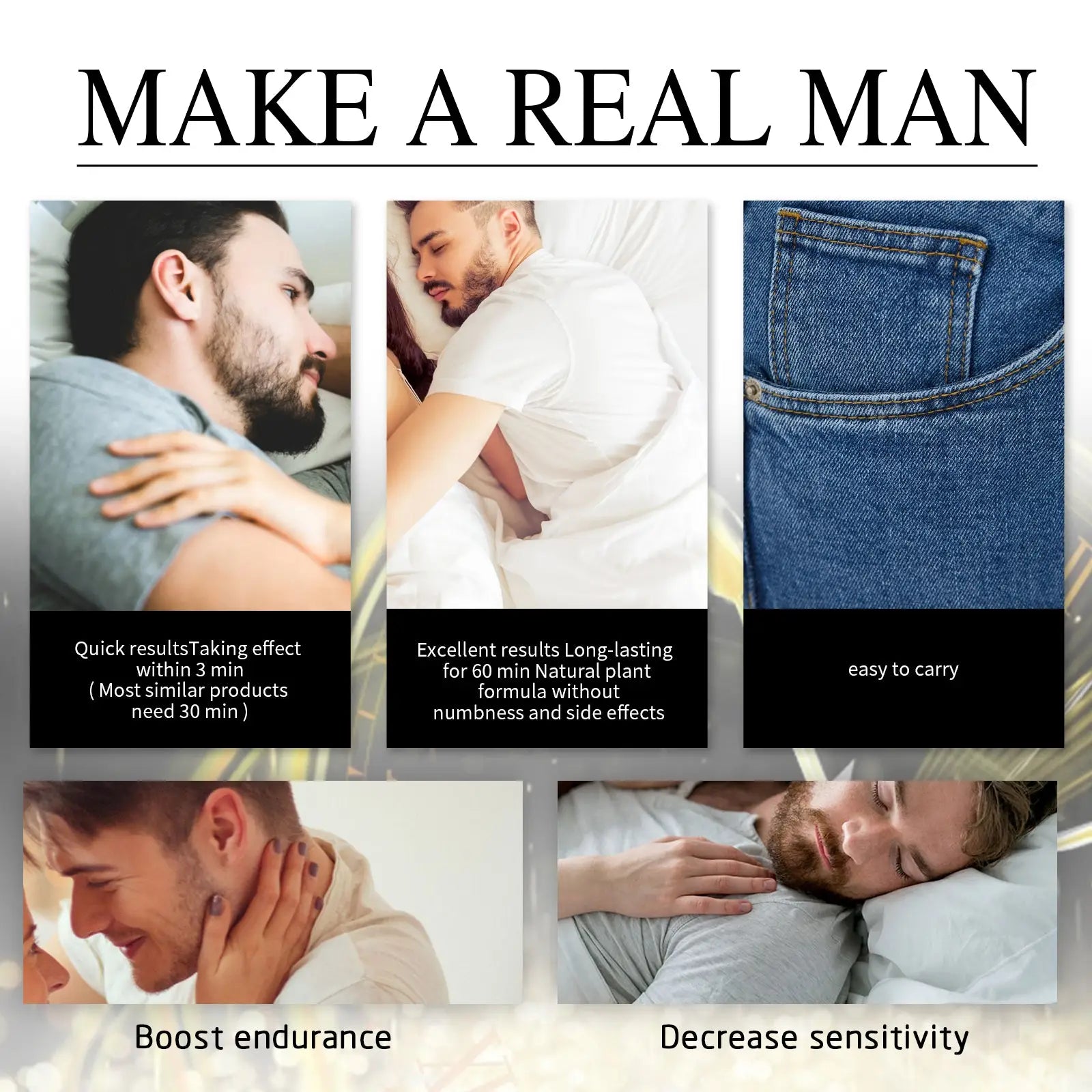 Men’s delay spray for stamina and sensitivity 30ml shown alongside blue denim jeans pocket on back side