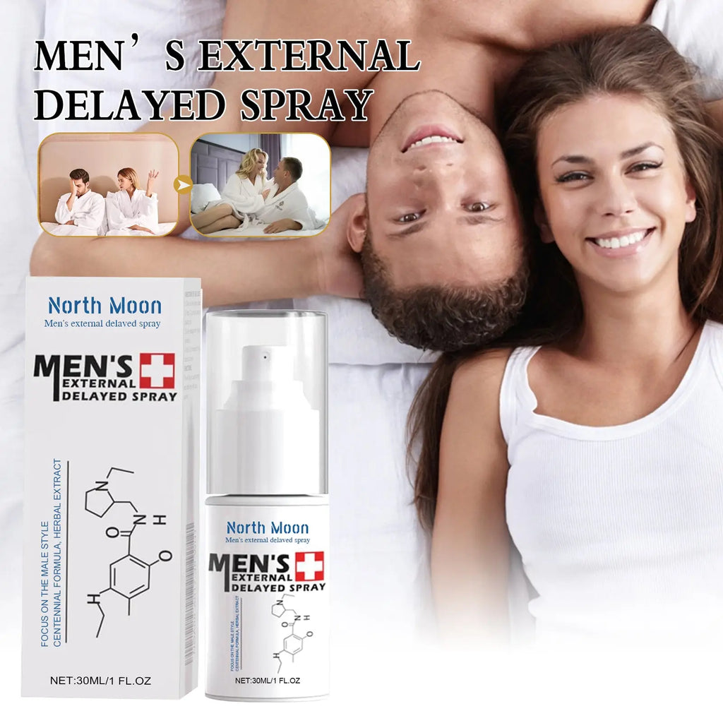White cylindrical spray bottle with clear cap labeled north moon men’s external delayed spray for stamina and sensitivity 30ml