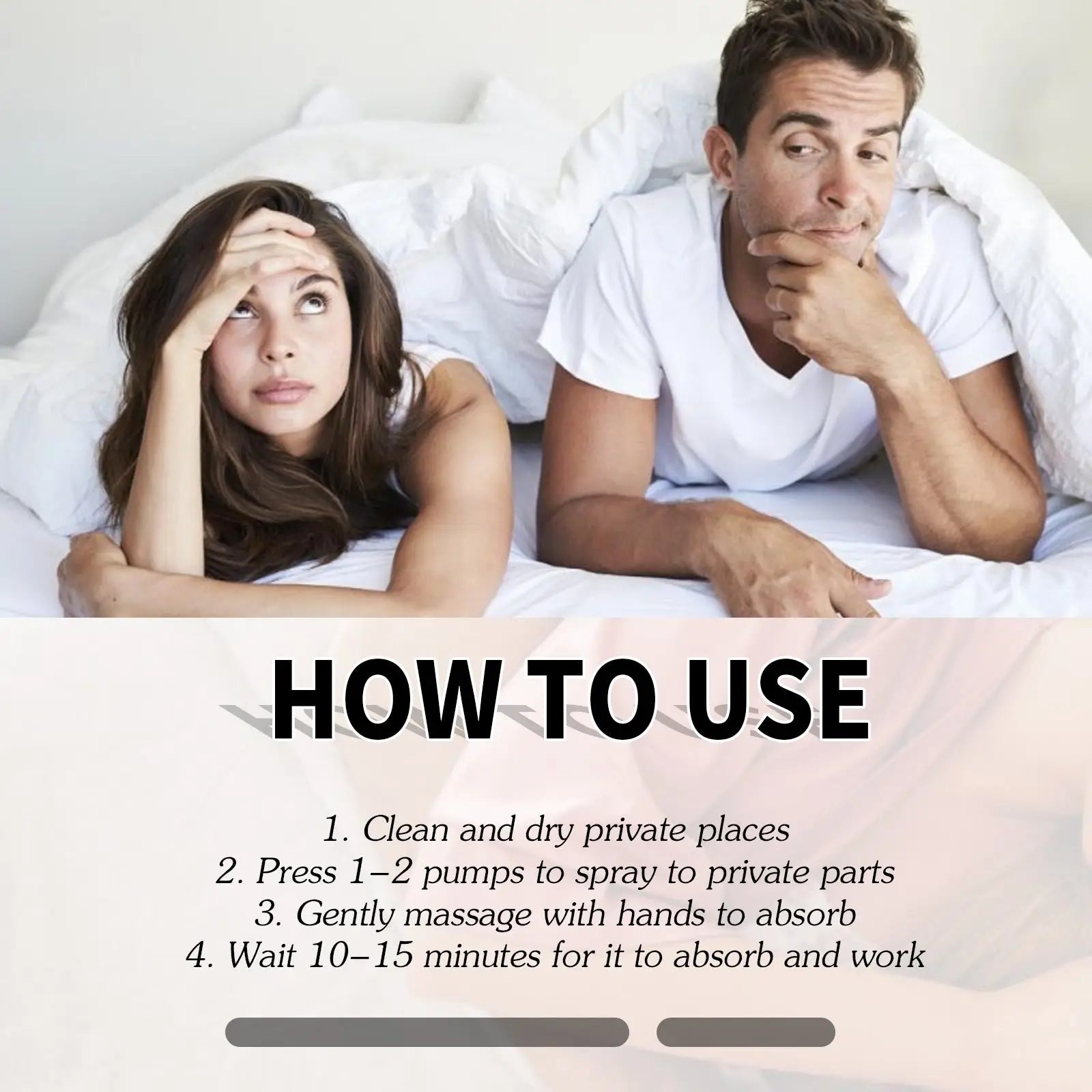 A man and woman lying in bed with text how to use below for men’s delay spray for stamina and sensitivity 30ml