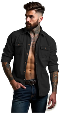 Men’s denim button-up shirt in black with two chest pockets and rolled sleeves in plus size