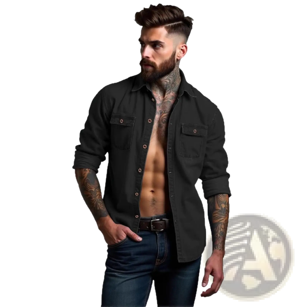 Men’s plus size black denim button-up shirt with two chest pockets and rolled sleeves for casual wear
