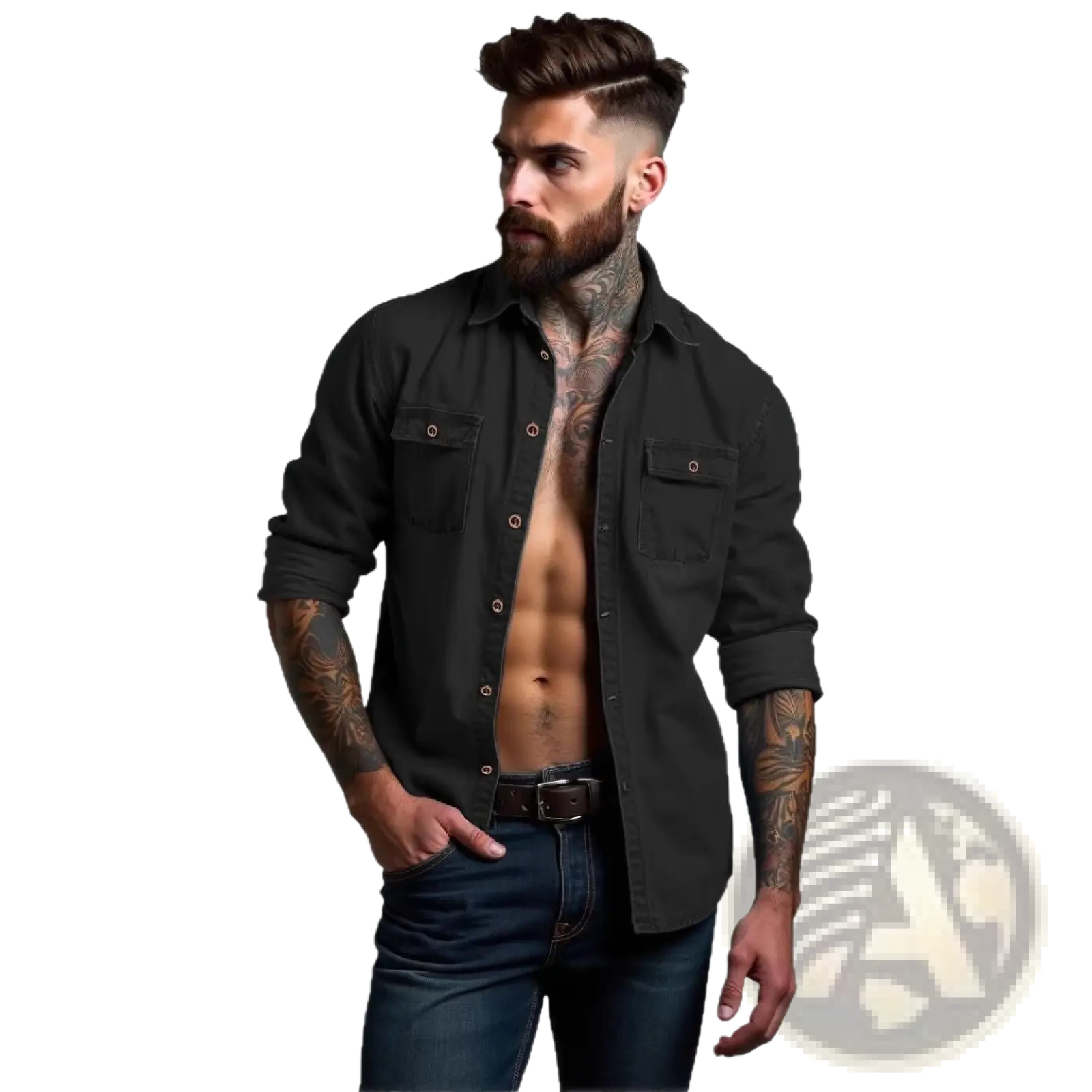 Men’s plus size black denim button-up shirt with two chest pockets and rolled sleeves for casual wear