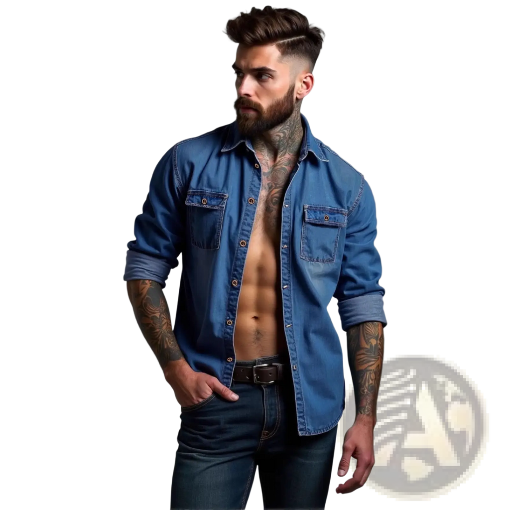 Men’s plus size blue denim button-up shirt with rolled sleeves and chest pockets