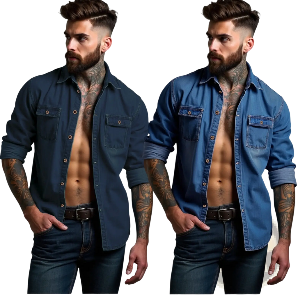 Men’s plus size dark blue denim button-up shirt with two chest pockets and rolled sleeves