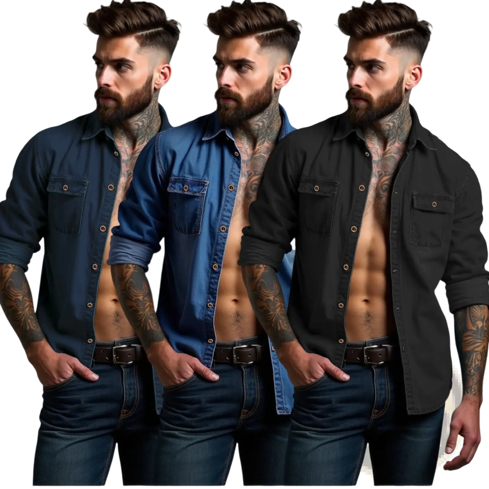Men’s denim button-up shirts plus size in navy medium blue and black with chest pockets and button closures