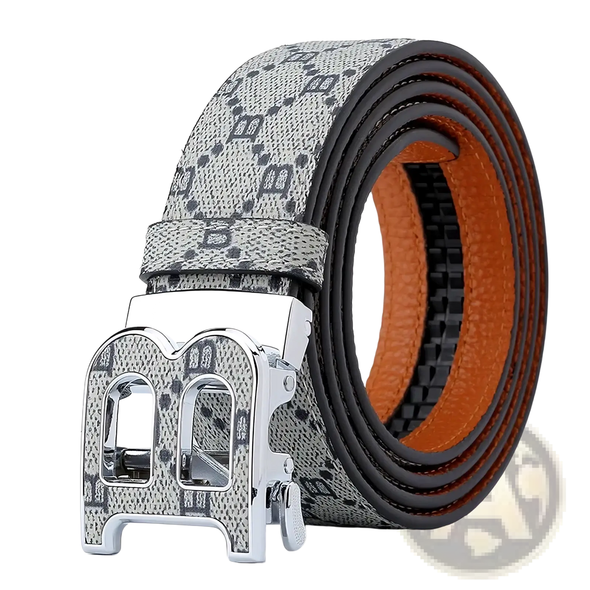 Mens designer automatic gray patterned leather belt with silver-toned buckle featuring embossed logo design