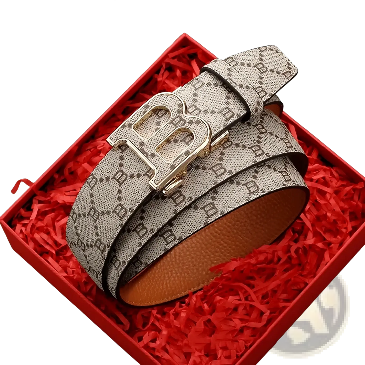 Mens designer automatic beige leather belt with repeating b monogram and gold buckle in red gift box