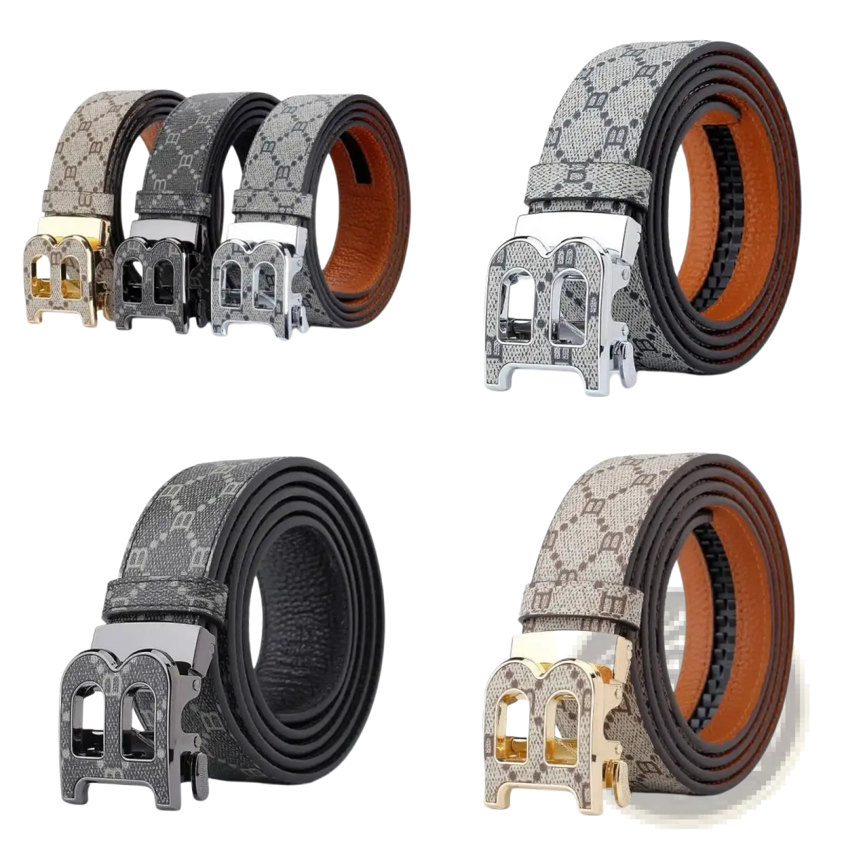 Mens designer automatic leather belts in beige and black with patterned leather and metallic m buckle for casual wear