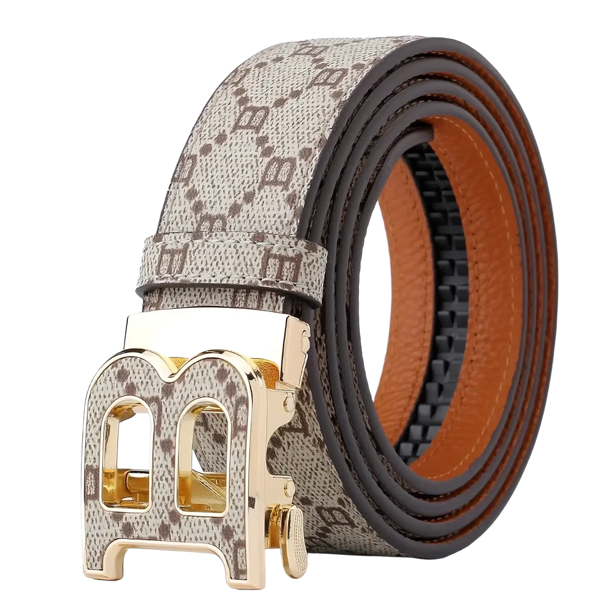 Mens designer automatic leather belt featuring a beige and brown pattern with a gold-tone luxury casual buckle