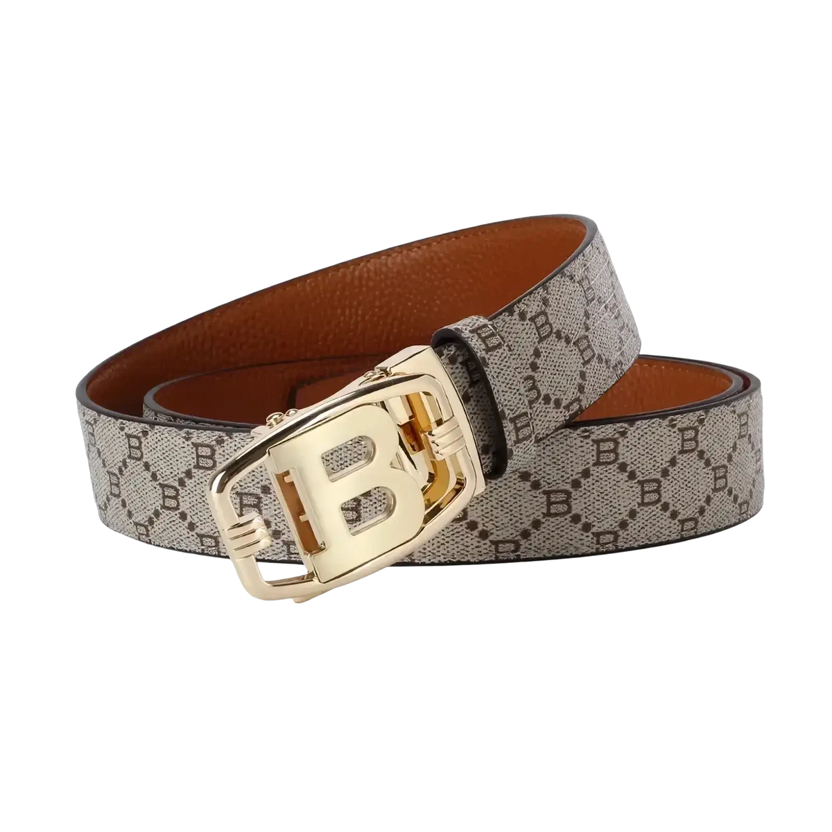 Mens designer automatic beige and brown patterned leather belt with a gold-tone luxury casual buckle featuring b design