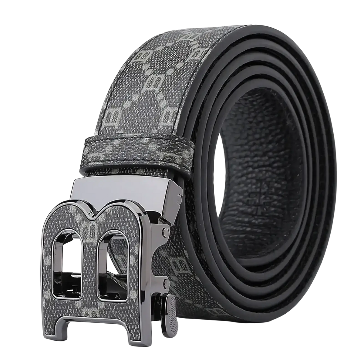 Mens designer automatic black leather belt with gray white geometric pattern and silver toned luxury casual buckle