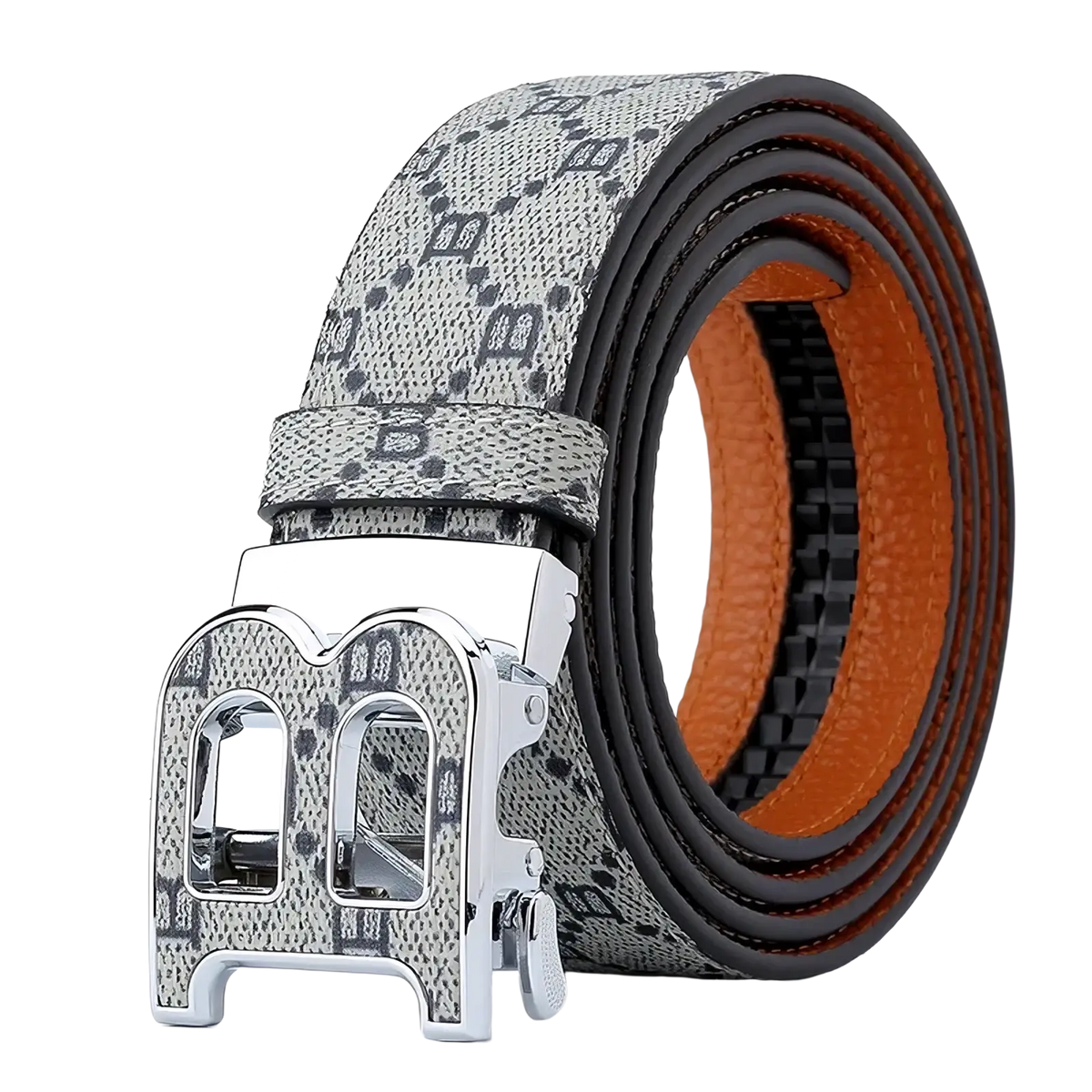 Mens designer automatic gray patterned leather belt with silver-toned buckle featuring embossed logo design