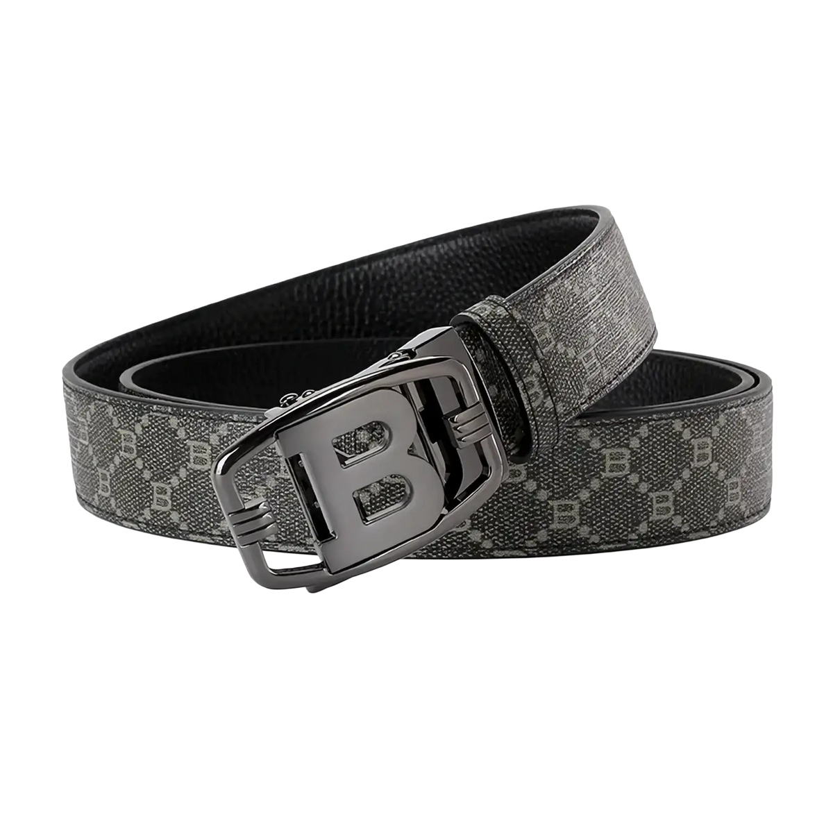 Gray patterned leather mens designer automatic belt with black metallic b buckle for luxury casual use