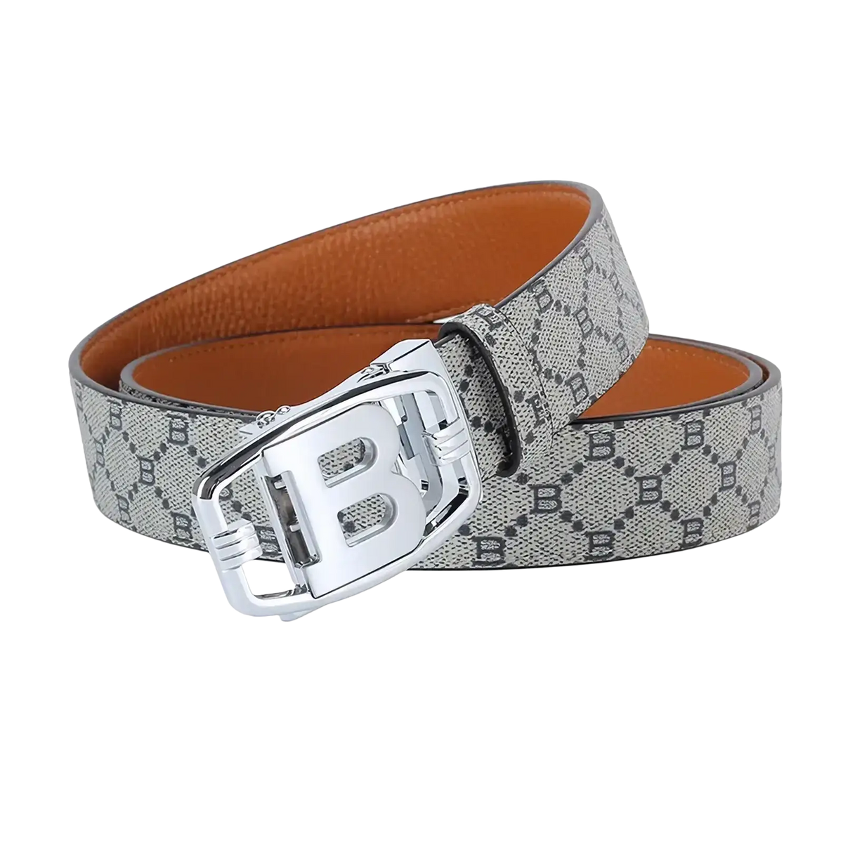 Mens designer automatic leather belt luxury casual features a silver buckle with b logo and gray black pattern with orange interior