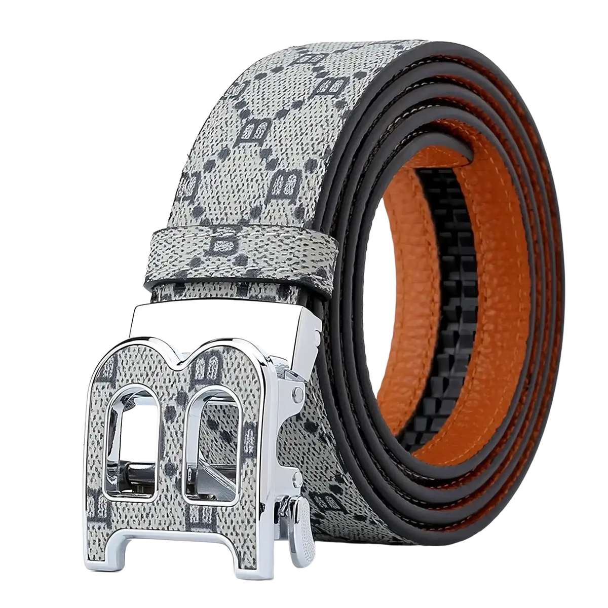 Mens designer automatic leather belt with luxury casual black and gray patterned leather and orange inner lining silver buckle