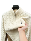 Men’s cream cable knit half-zip sweater featuring black embroidered Polo Ralph Lauren logo on chest