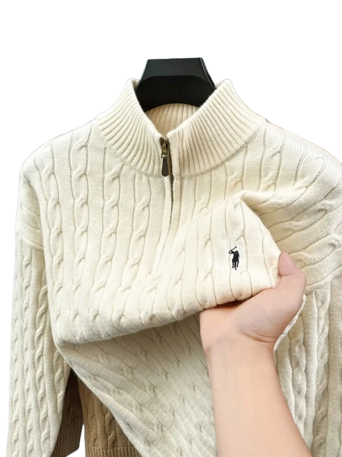 Men’s cream cable knit half-zip sweater featuring black embroidered Polo Ralph Lauren logo on chest