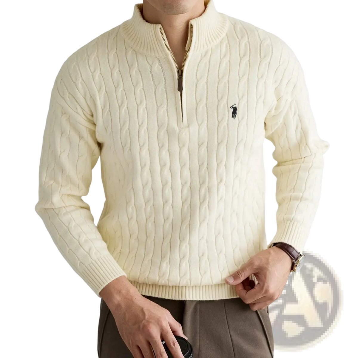 Men’s designer cream-colored cable knit half-zip sweater with black embroidered polo player logo on the chest