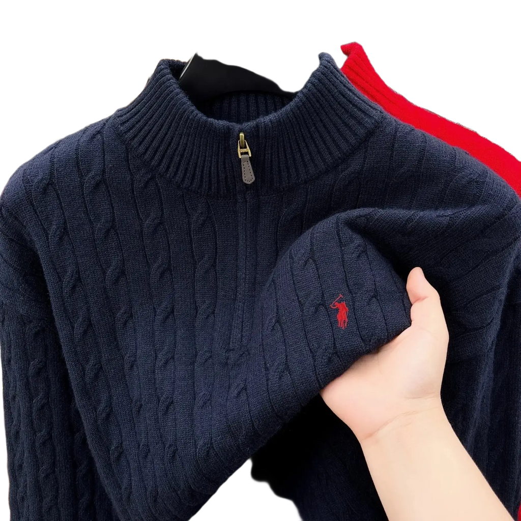 Men’s dark navy blue cable knit half-zip sweater with red embroidered Polo Ralph Lauren logo on chest