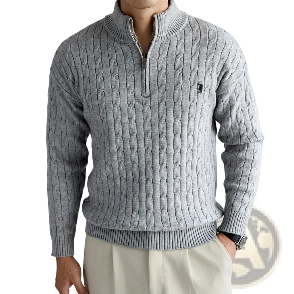 Men’s designer gray cable knit half-zip sweater with ribbed collar and cuffs featuring Ralph Lauren Polo logo