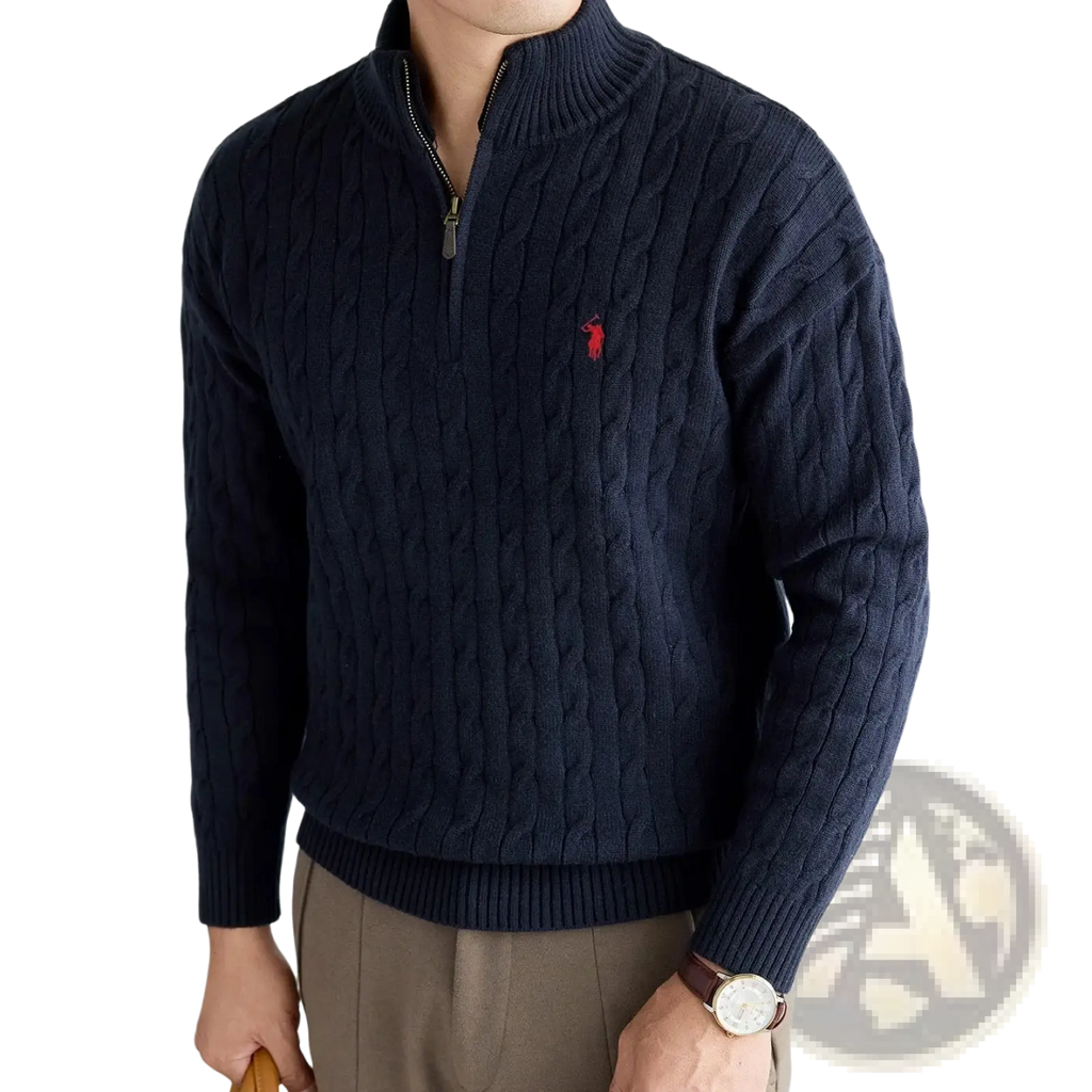 Men’s designer navy blue cable knit half-zip sweater with red embroidered polo logo on the chest