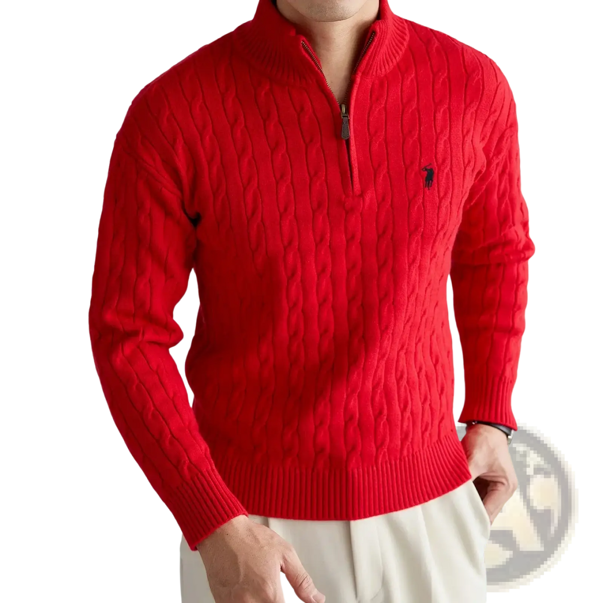 Men’s designer red cable knit half-zip sweater with black embroidered polo Ralph Lauren logo on chest