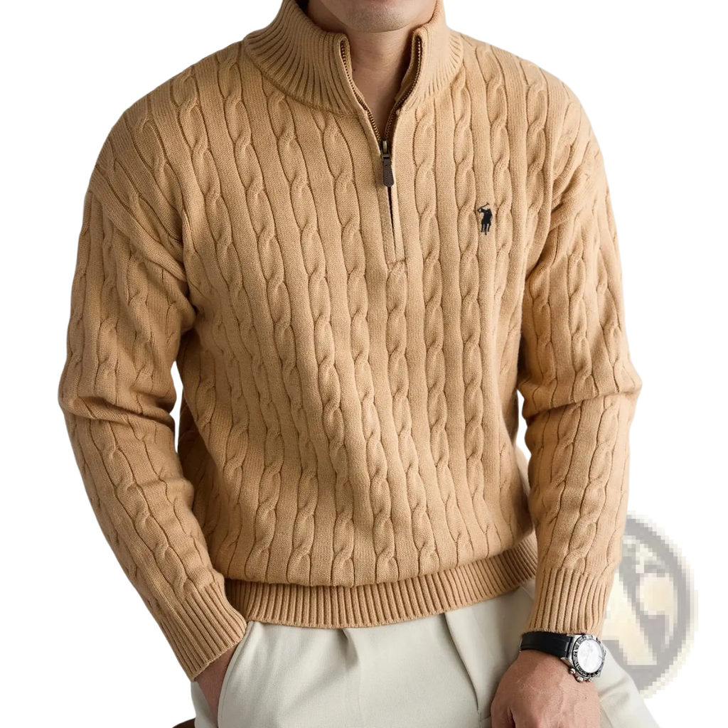 Men’s designer tan cable knit half-zip sweater with embroidered polo player logo on the chest in wool material