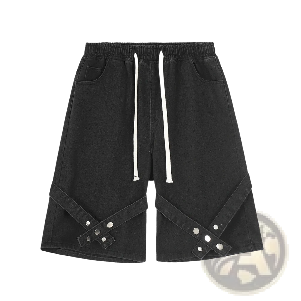 Men’s black denim shorts with white drawstring waist and diagonal strap accents secured by silver rivets