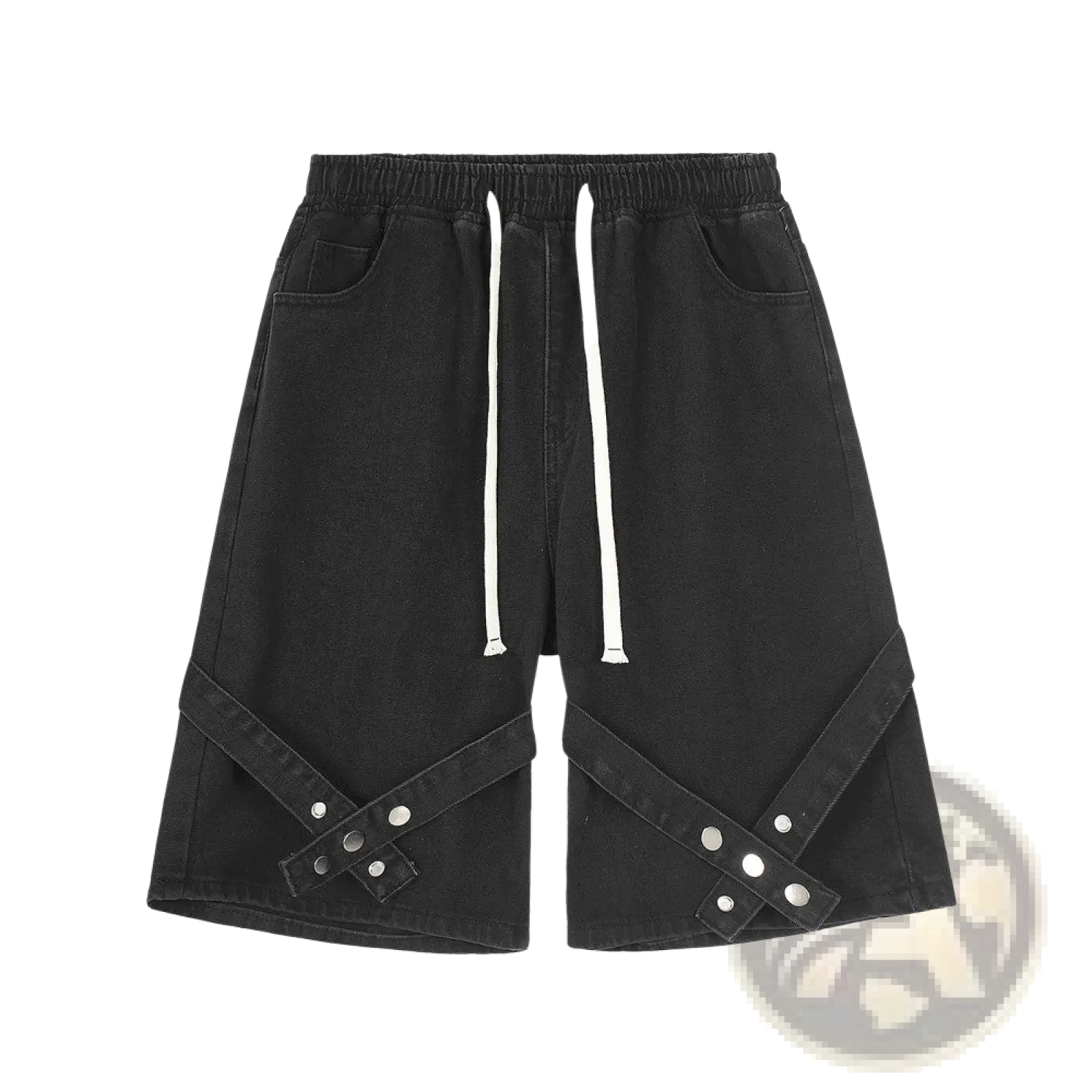 Men’s black denim shorts with white drawstring waist and diagonal strap accents secured by silver rivets