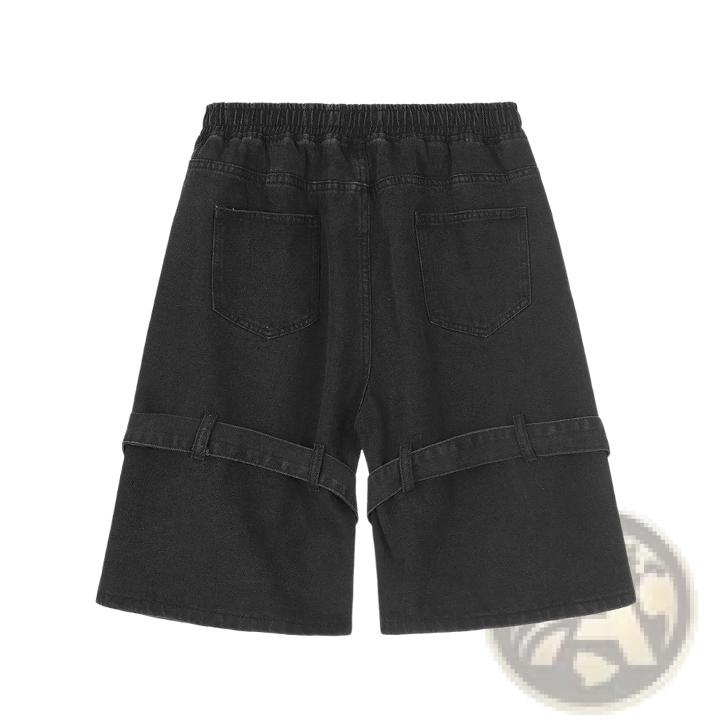 Men’s black denim shorts with elastic waistband and adjustable diagonal straps for a comfortable fit