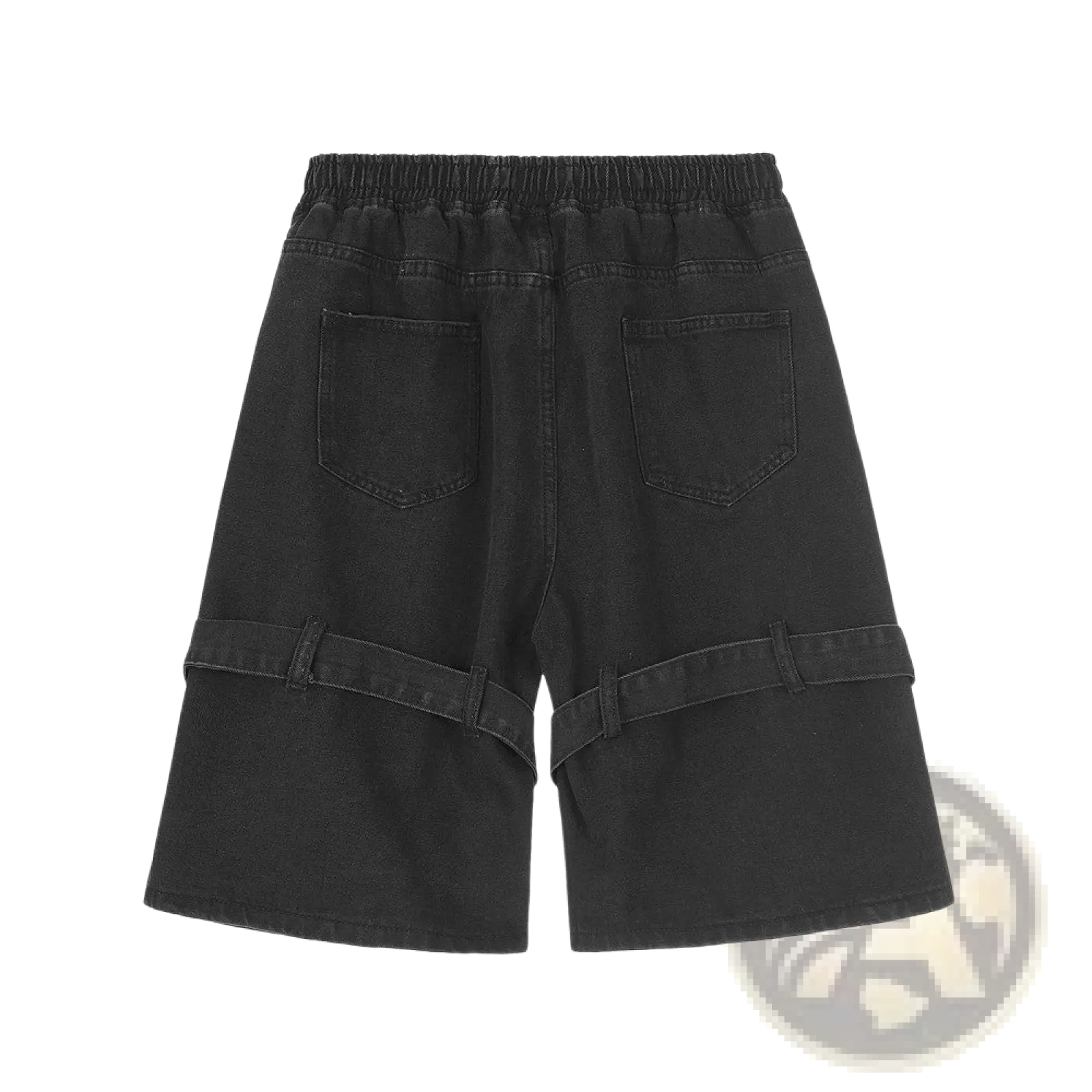 Men’s black denim shorts with elastic waistband and adjustable diagonal straps for a comfortable fit