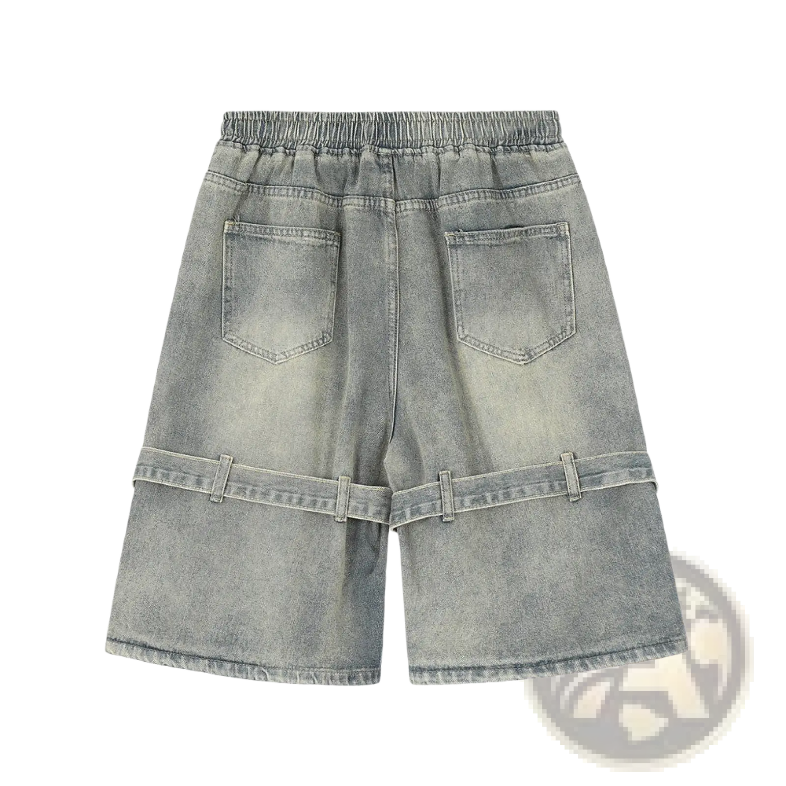 Back view of men’s light-wash denim shorts with elastic drawstring waist and double-layered belt detail at the hem
