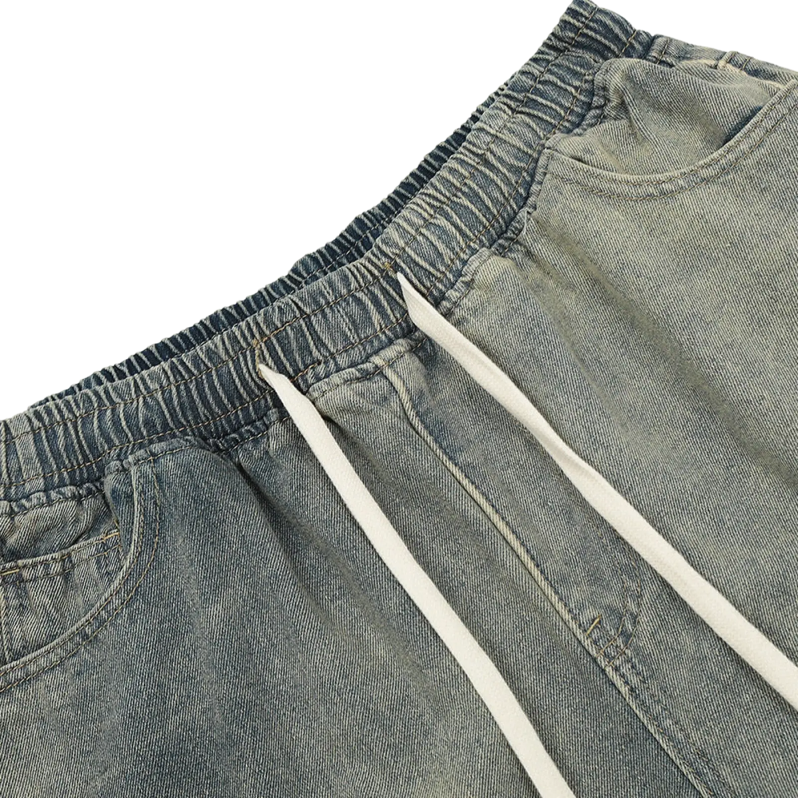 Men’s light-wash denim joggers with relaxed fit elastic waistband and white drawstrings matching diagonal strap shorts