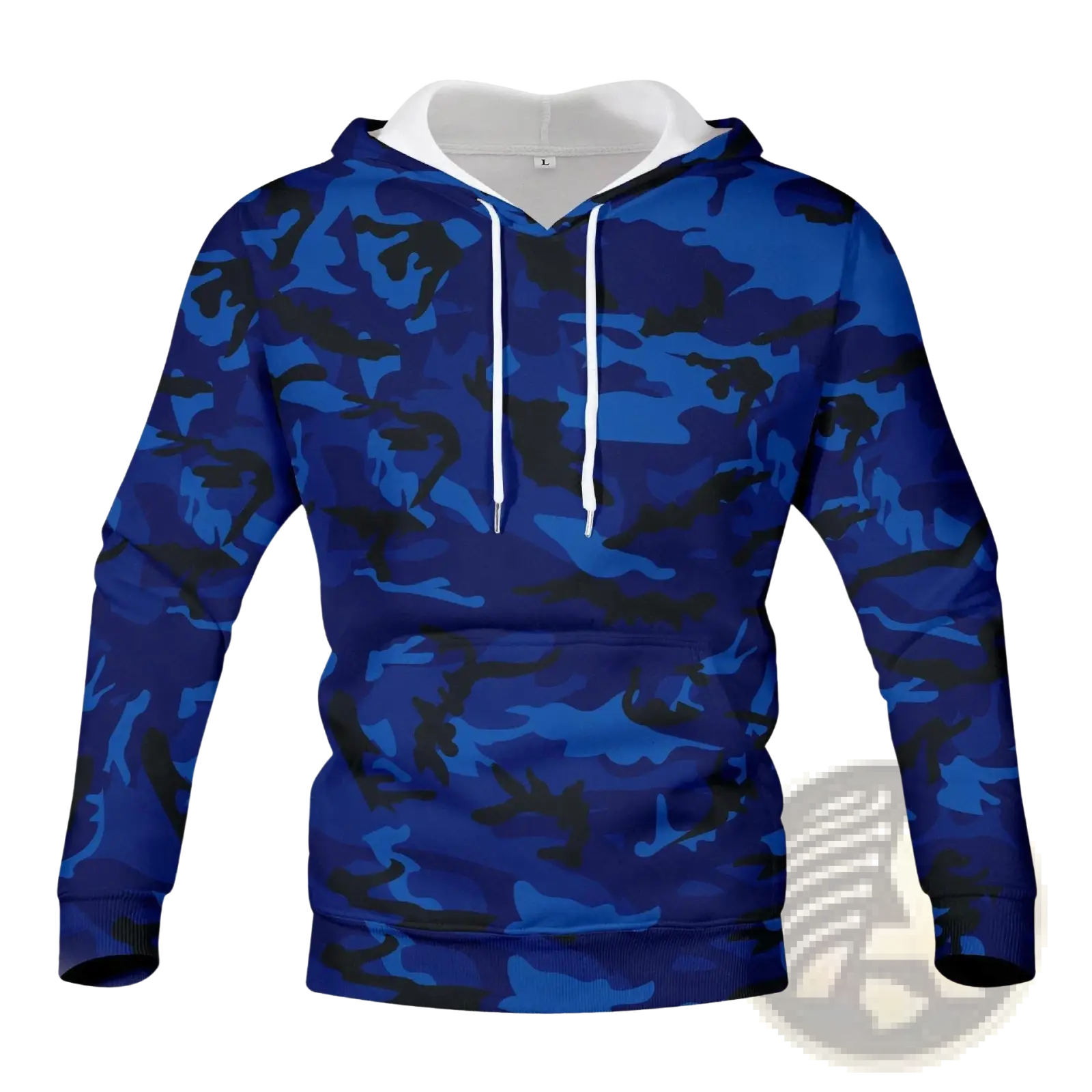 Men’s digital camouflage pullover hoodie in blue and black with white drawstrings and contrasting white inner lining