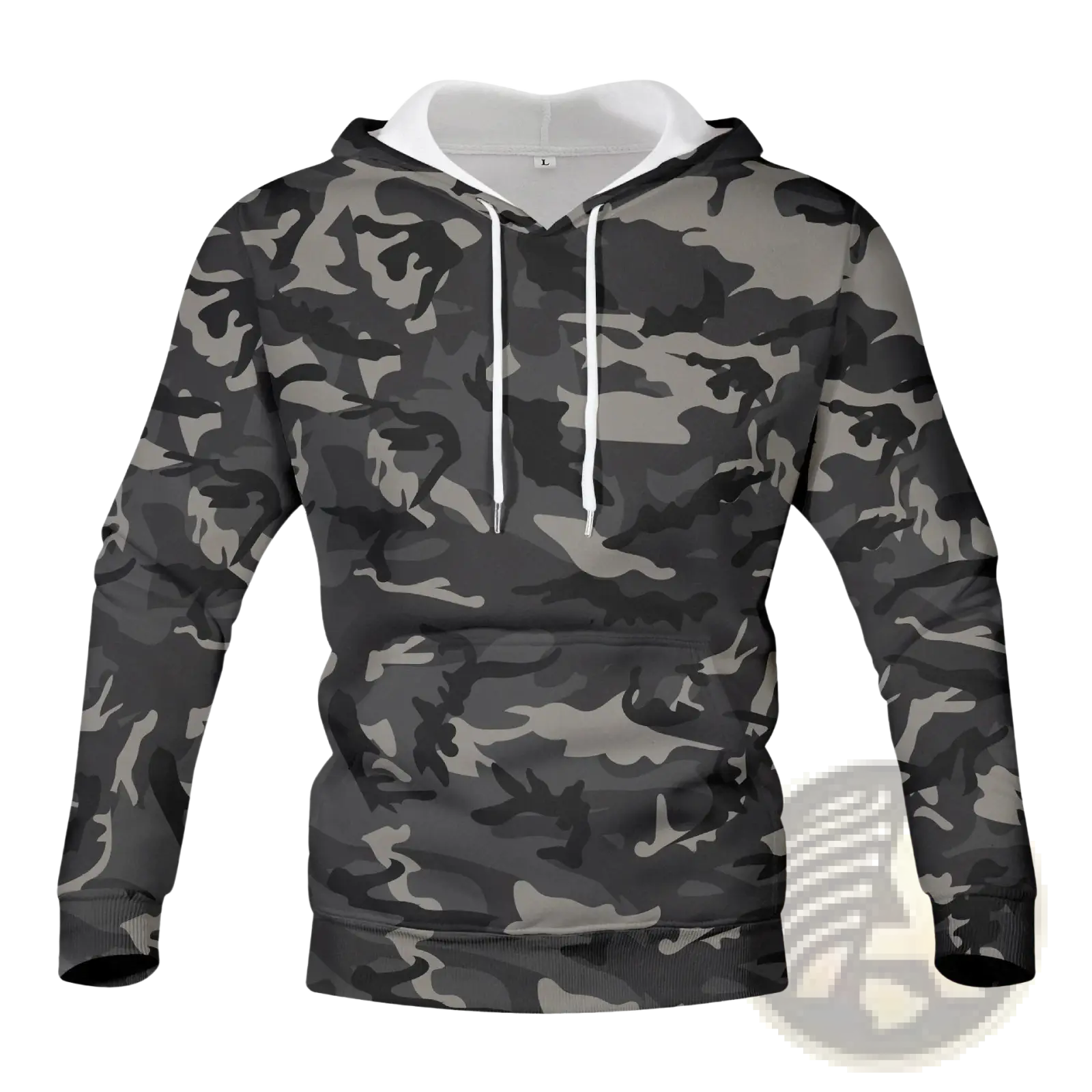 Men’s digital camouflage pullover hoodie with black gray and white pattern and contrasting white lining and drawstrings