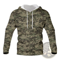 Men’s digital camouflage pullover hoodie with long sleeves, white drawstrings, and contrasting white inner lining