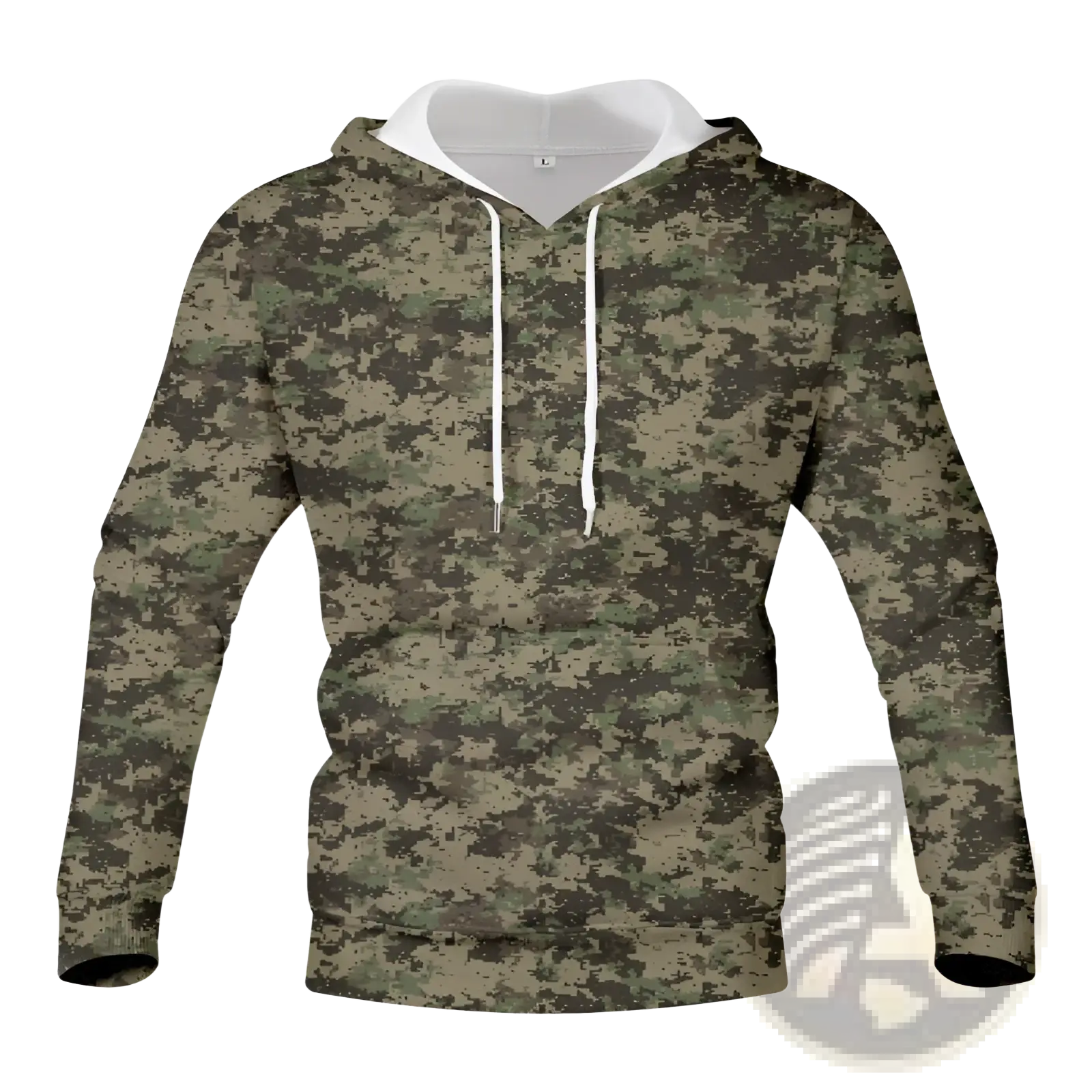 Men’s digital camouflage pullover hoodie with long sleeves, white drawstrings, and contrasting white inner lining