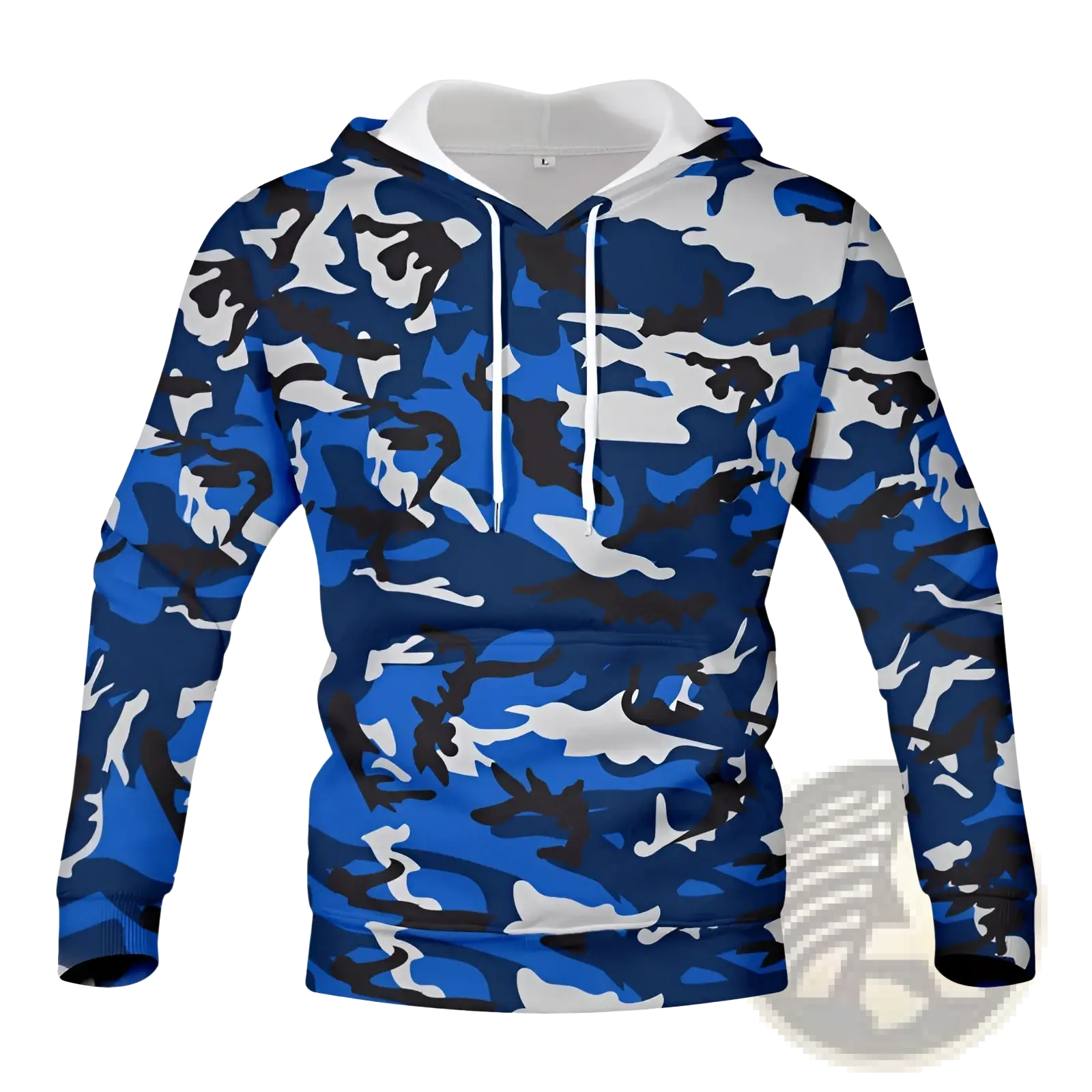 Men’s digital camouflage pullover hoodie in blue white and black with contrasting white interior lining
