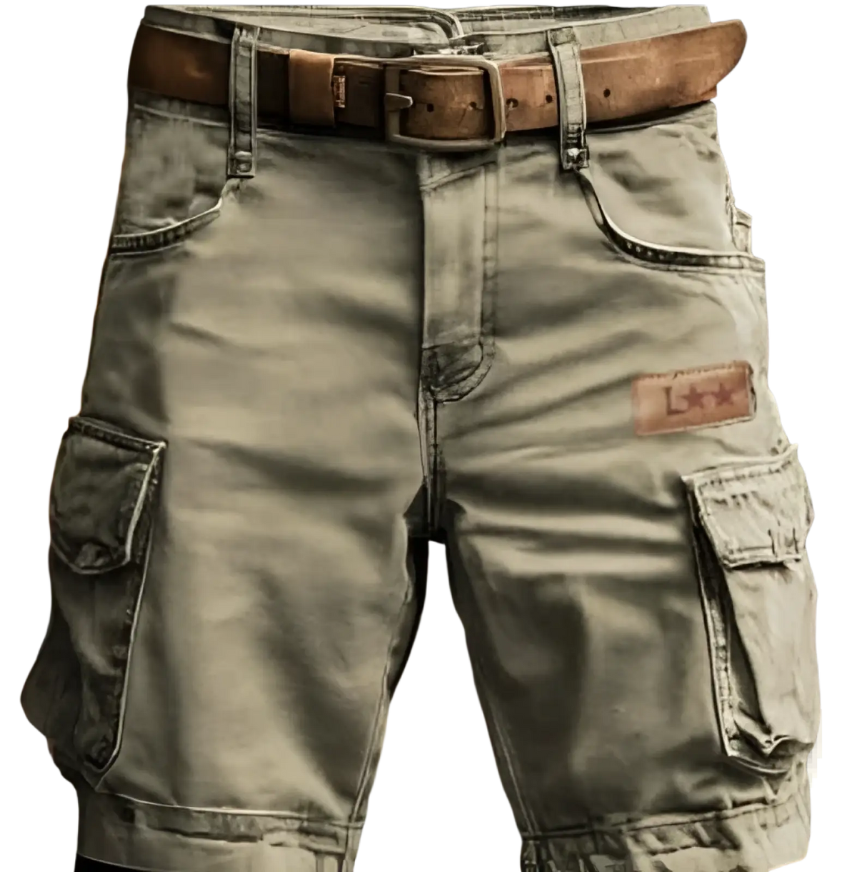 Olive green digital print cargo shorts for men with multiple pockets and brown leather belt made of polyester straight pants