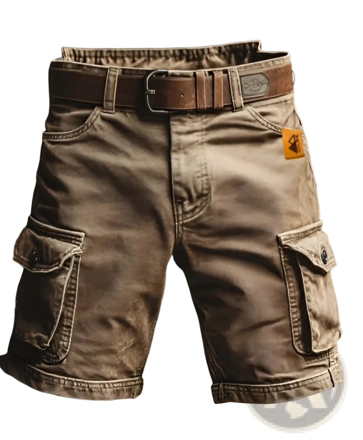 Men’s digital print tan cargo shorts with multiple pockets and a brown leather belt made of polyester straight pants