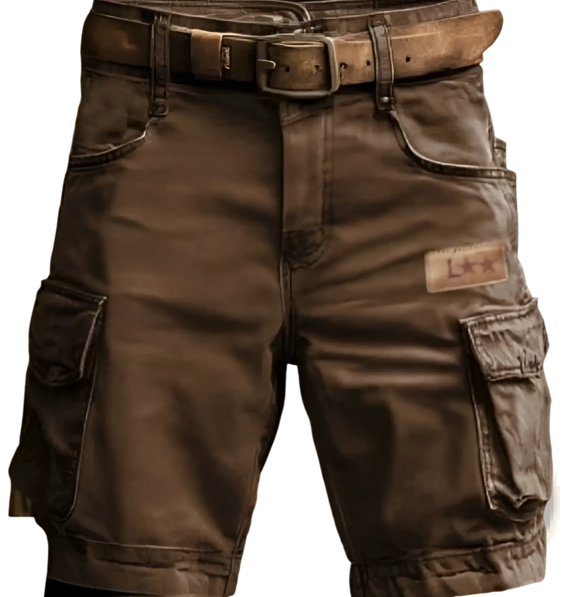Men’s dark brown digital print cargo shorts polyester straight pants with multiple pockets and faded rugged texture
