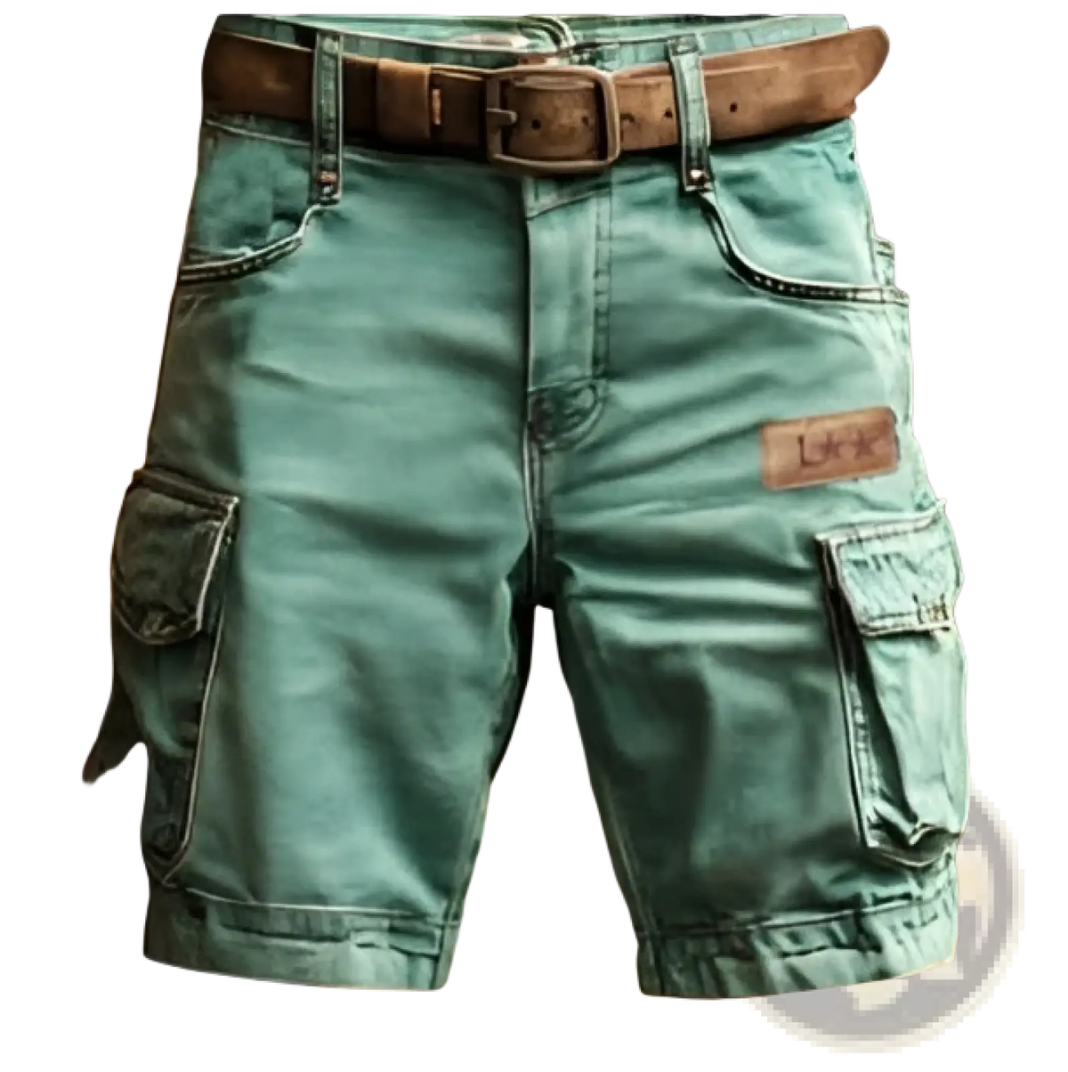 Men’s teal digital print cargo shorts with multiple pockets and brown leather belt made of polyester straight pants