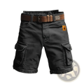 Men’s dark gray digital print cargo shorts with multiple pockets polyester straight pants paired with brown leather belt