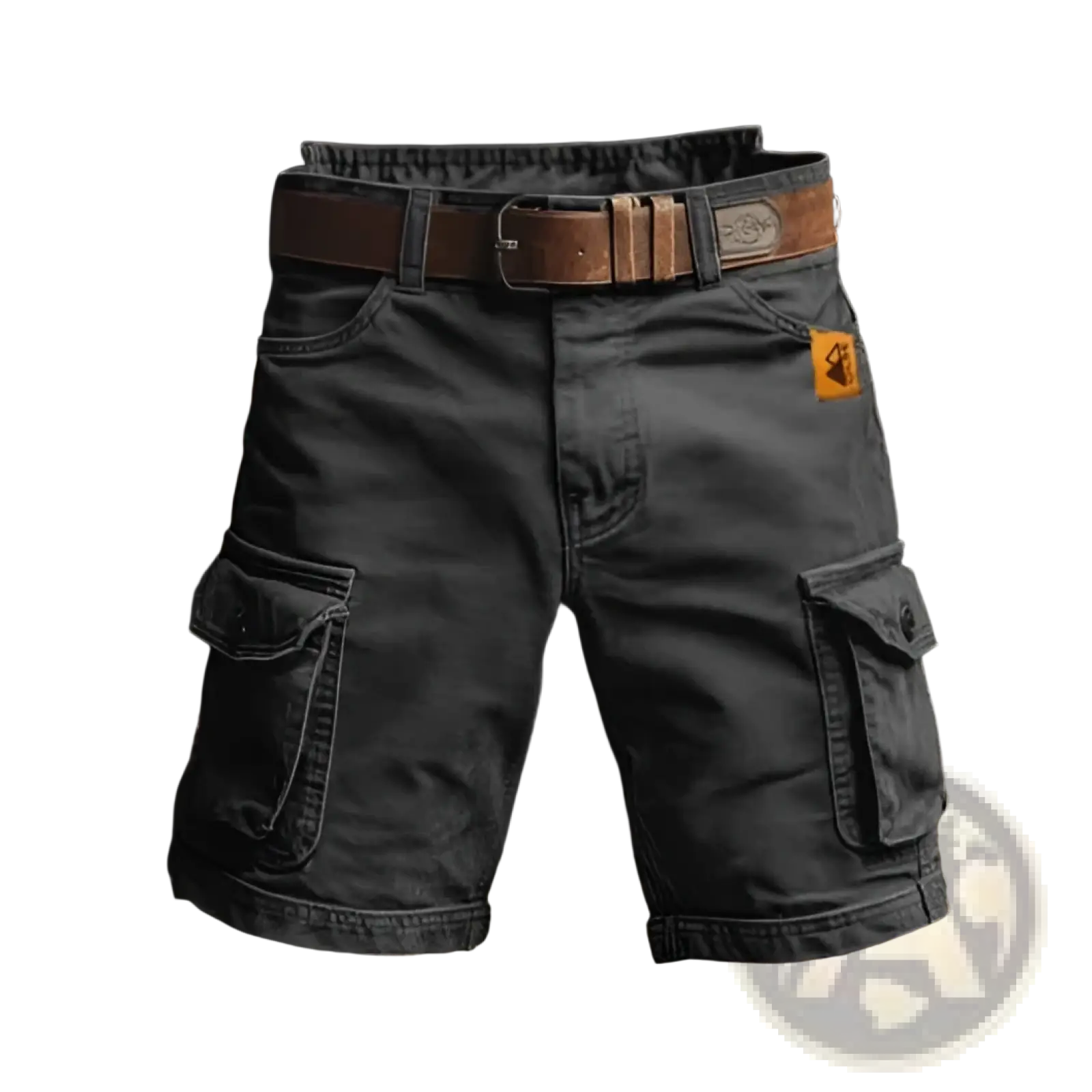 Men’s dark gray digital print cargo shorts with multiple pockets polyester straight pants paired with brown leather belt