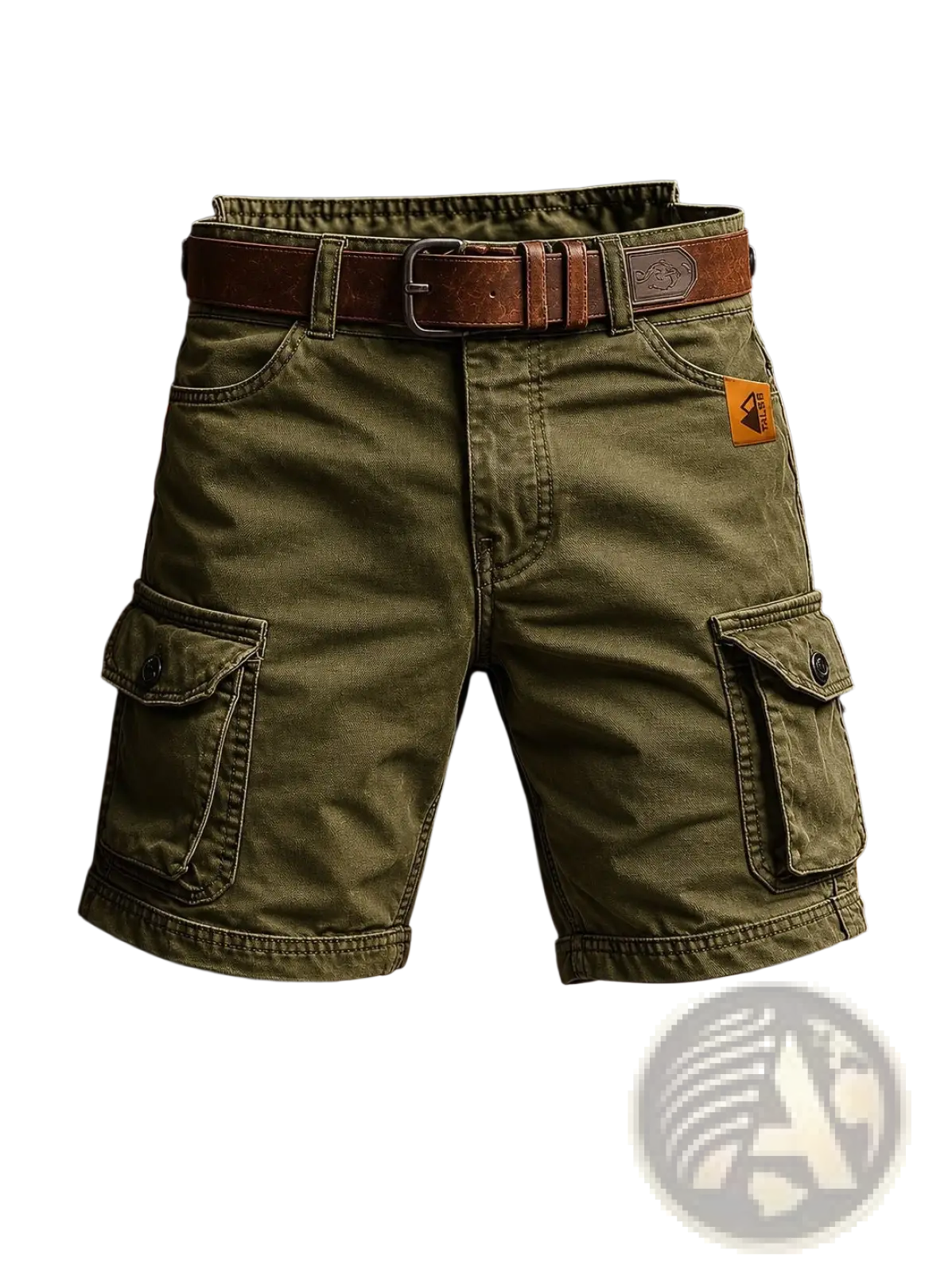 Men’s olive green digital print cargo shorts with orange brand patch and brown leather belt made of polyester straight pants